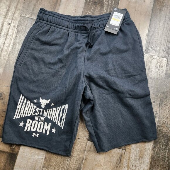 Under Armour Project Rock Mens size M Medium Terry Sweat Shorts Hardest Worker - Picture 1 of 10